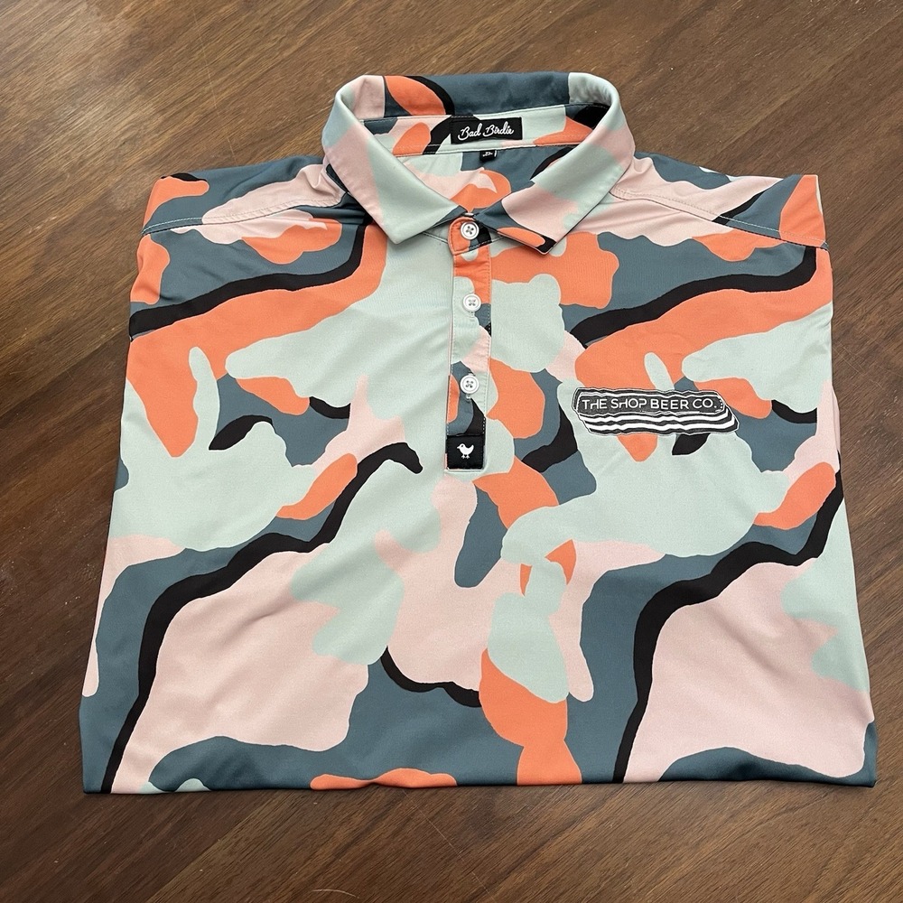 Bad Birdie Mens L Powell Camo Polo Shirt Short Sleeve Performance Stretch Golf